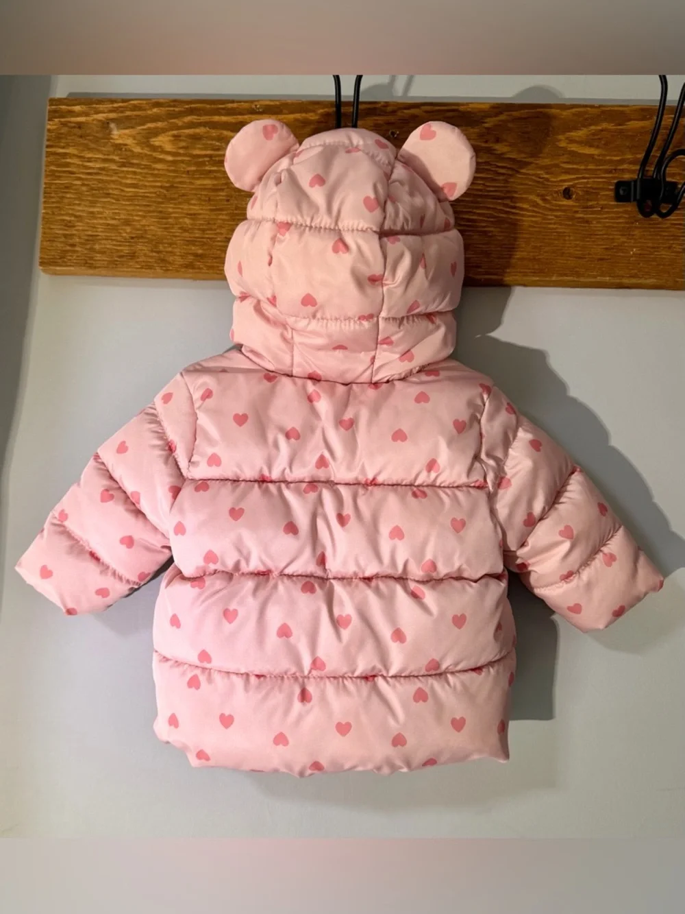 Old Navy Pink Heart Print Hooded Puffer Jacket